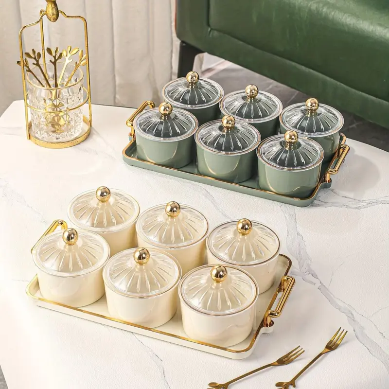 1pc Nordic Dried Fruit Snack Plate Clear Round Fruit Plate with Divided Grid and Lid Box Iron Craft Tray with Six Cans tag1