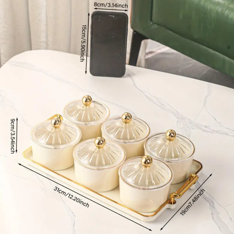 1pc Nordic Dried Fruit Snack Plate Clear Round Fruit Plate with Divided Grid and Lid Box Iron Craft Tray with Six Cans tag1