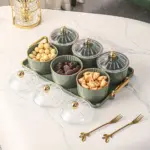 1pc Nordic Dried Fruit Snack Plate Clear Round Fruit Plate with Divided Grid and Lid Box Iron Craft Tray with Six Cans tag1