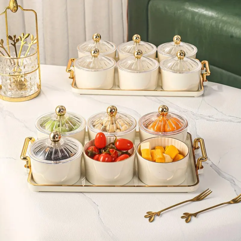 1pc Nordic Dried Fruit Snack Plate Clear Round Fruit Plate with Divided Grid and Lid Box Iron Craft Tray with Six Cans tag1