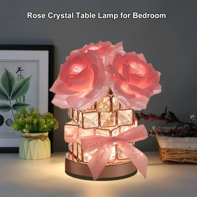 1pc Rechargeable Table Lamp Rose Crystal Table Lamp Rechargeable Cordless Rose Light Valentine Birthday Gift tag1