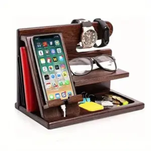 1pc Wooden Storage Rack, Mobile Phone Docking Station Nightstand Organizer