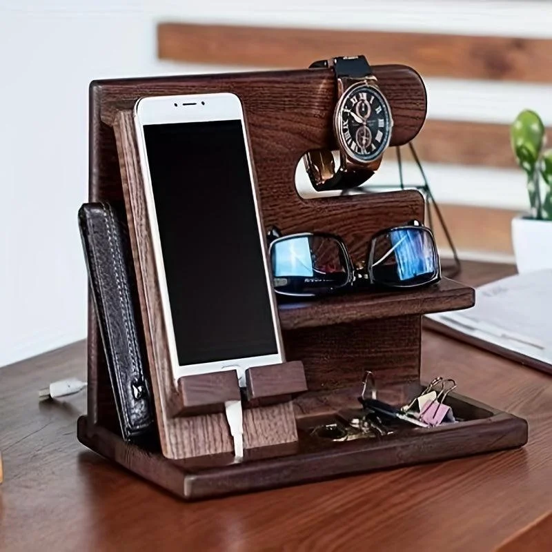 1pc Wooden Storage Rack, Mobile Phone Docking Station Nightstand Organizer - - #tag1#