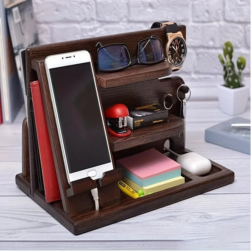 1pc Wooden Storage Rack, Mobile Phone Docking Station Nightstand Organizer -  - #tag1#