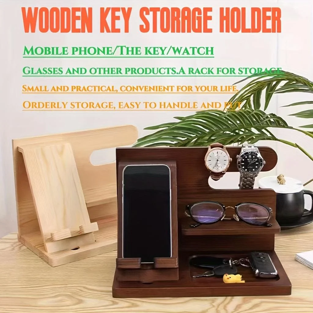 1pc Wooden Storage Rack, Mobile Phone Docking Station Nightstand Organizer -  - #tag1#