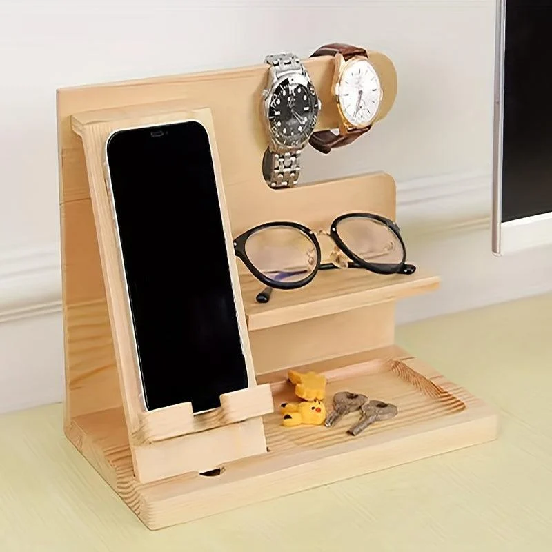 1pc Wooden Storage Rack, Mobile Phone Docking Station Nightstand Organizer -  - #tag1#