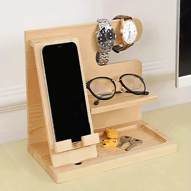 1pc Wooden Storage Rack, Mobile Phone Docking Station Nightstand Organizer -  - #tag1#