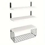 1set Bathroom Shelves Over Toilet With Wire Basket Wood Floating Shelf For Wall Decor Bathroom Wall Decor Shelves tag1