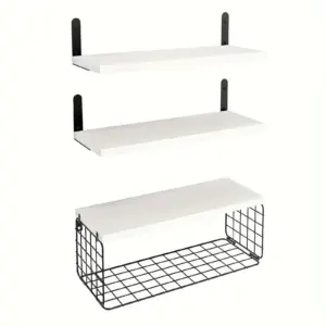 1set Bathroom Shelves Over Toilet, With Wire Basket, Wood Floating Shelf For Wall Decor, Bathroom Wall Decor Shelves