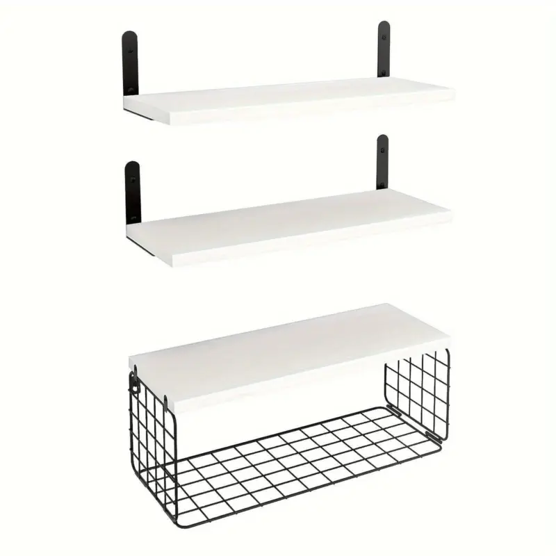 1set Bathroom Shelves Over Toilet With Wire Basket Wood Floating Shelf For Wall Decor Bathroom Wall Decor Shelves tag1