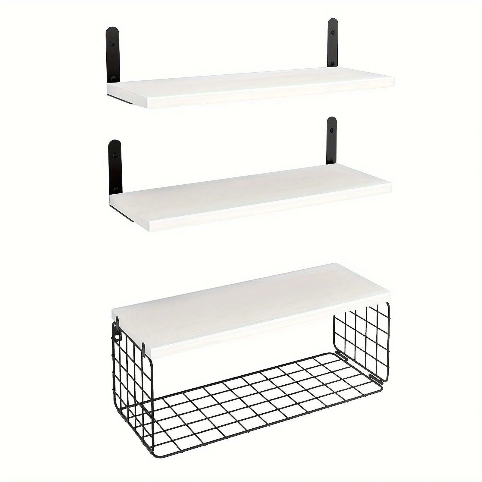 1set Bathroom Shelves Over Toilet, With Wire Basket, Wood Floating Shelf For Wall Decor, Bathroom Wall Decor Shelves -  - #tag1#