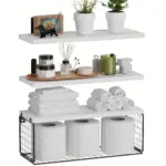 1set Bathroom Shelves Over Toilet With Wire Basket Wood Floating Shelf For Wall Decor Bathroom Wall Decor Shelves tag1
