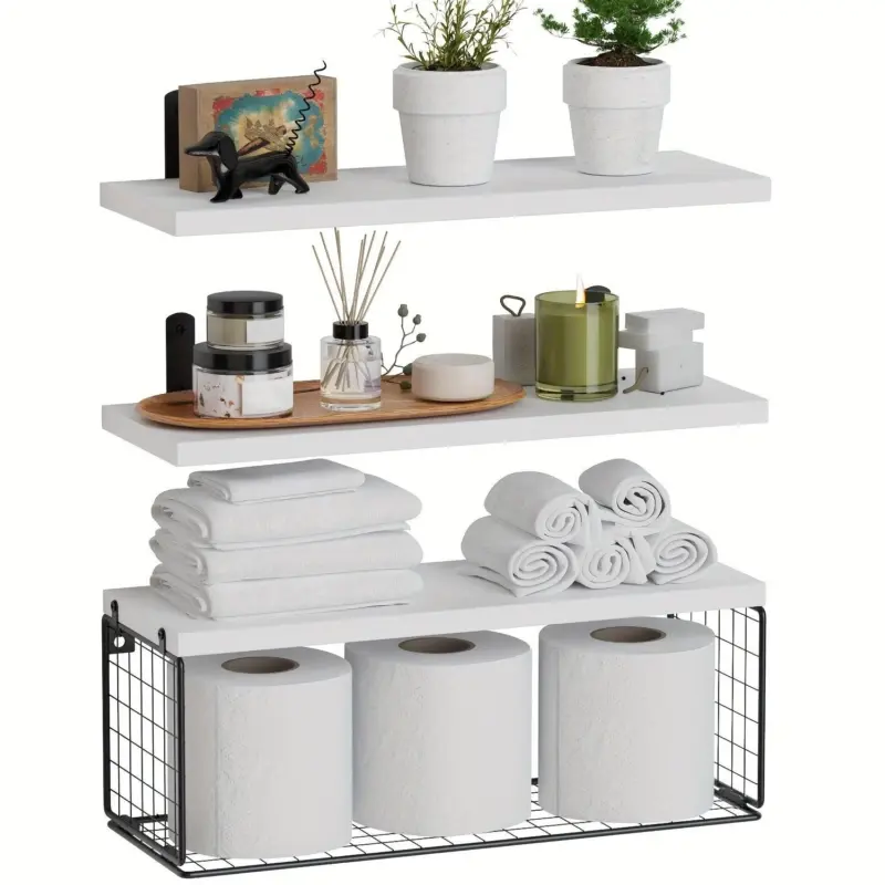 1set Bathroom Shelves Over Toilet With Wire Basket Wood Floating Shelf For Wall Decor Bathroom Wall Decor Shelves tag1