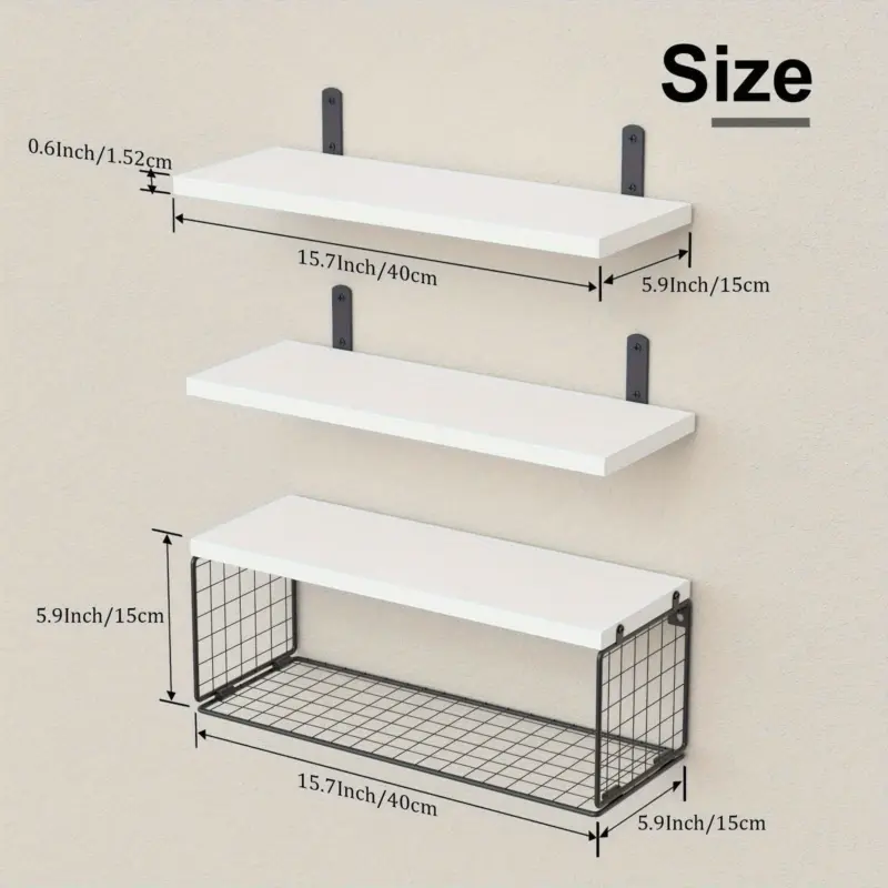 1set Bathroom Shelves Over Toilet With Wire Basket Wood Floating Shelf For Wall Decor Bathroom Wall Decor Shelves tag1