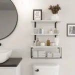 1set Bathroom Shelves Over Toilet With Wire Basket Wood Floating Shelf For Wall Decor Bathroom Wall Decor Shelves tag1