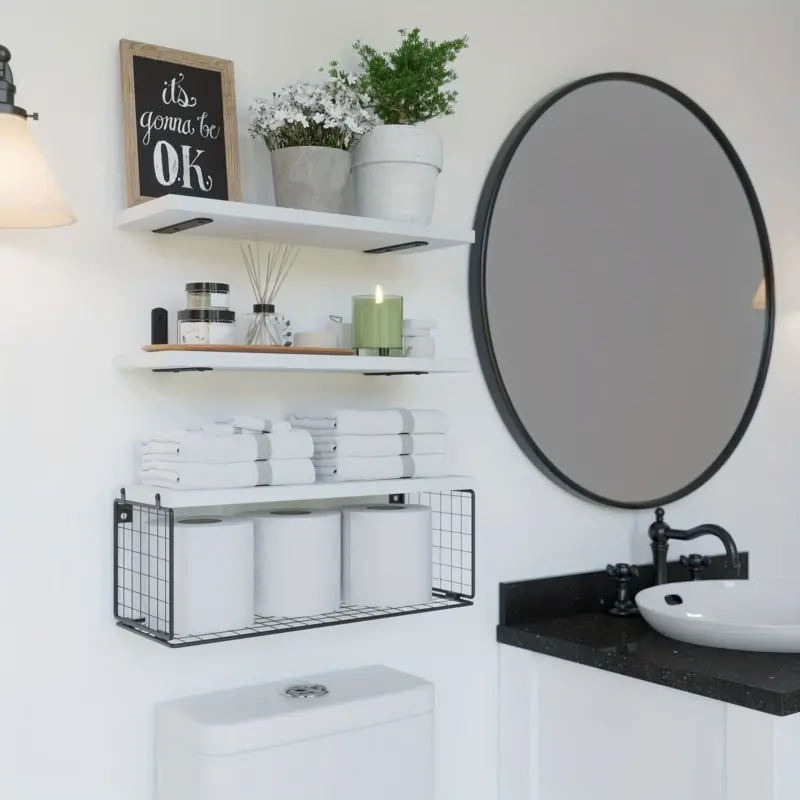 1set Bathroom Shelves Over Toilet With Wire Basket Wood Floating Shelf For Wall Decor Bathroom Wall Decor Shelves tag1