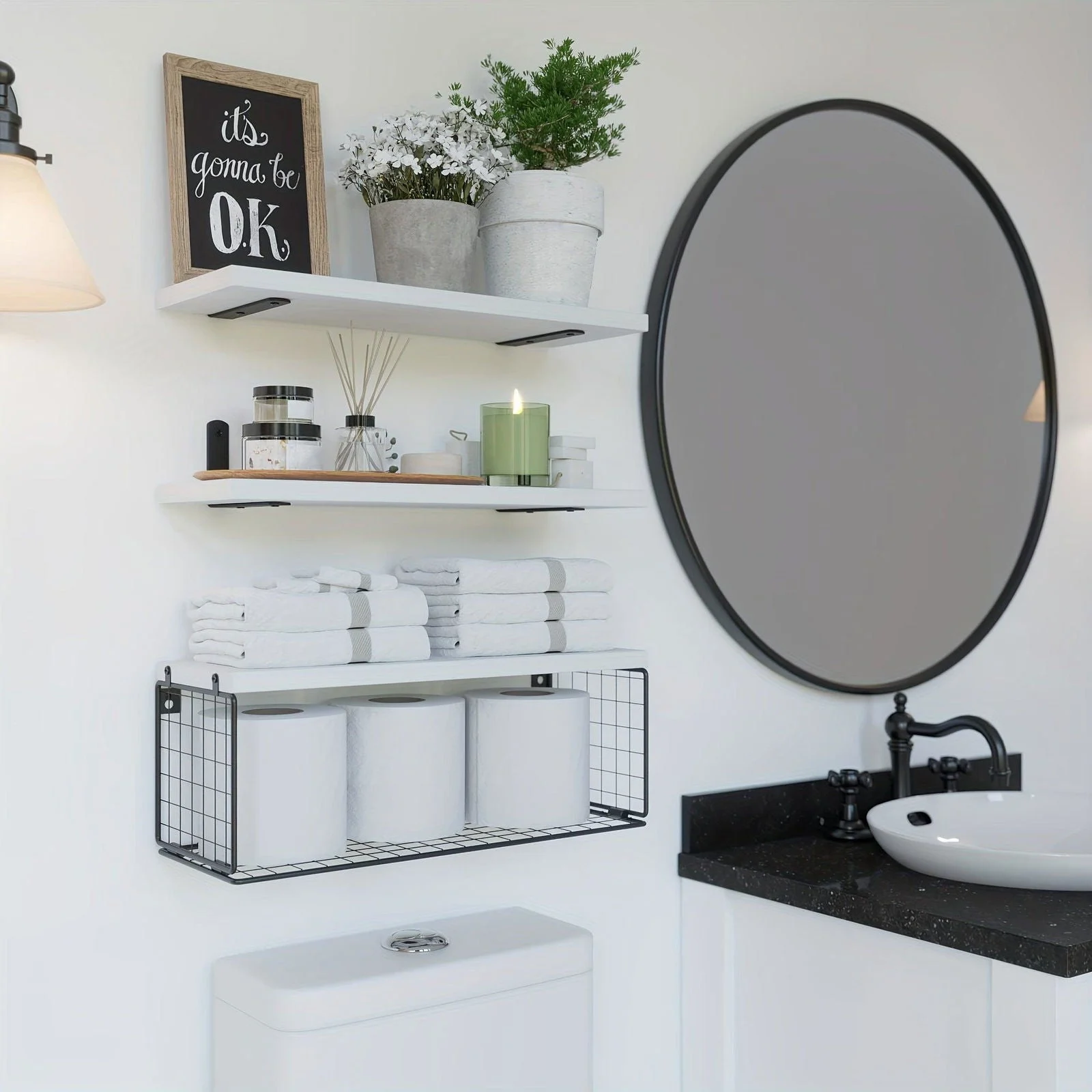 1set Bathroom Shelves Over Toilet, With Wire Basket, Wood Floating Shelf For Wall Decor, Bathroom Wall Decor Shelves -  - #tag1#