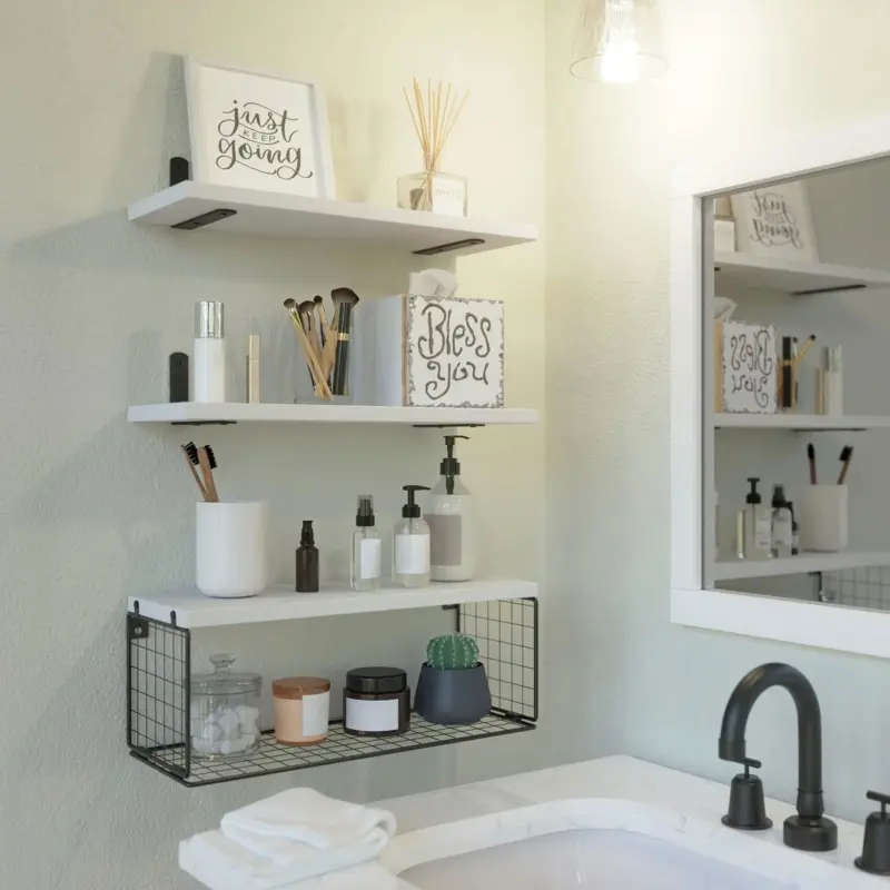 1set Bathroom Shelves Over Toilet With Wire Basket Wood Floating Shelf For Wall Decor Bathroom Wall Decor Shelves tag1