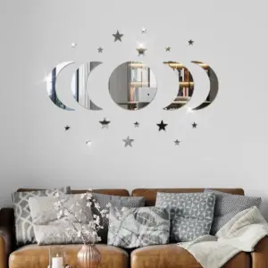 Star Moon Wall Sticker Set - Silver mirrored - For living room and bedrooms - 20 Pieces