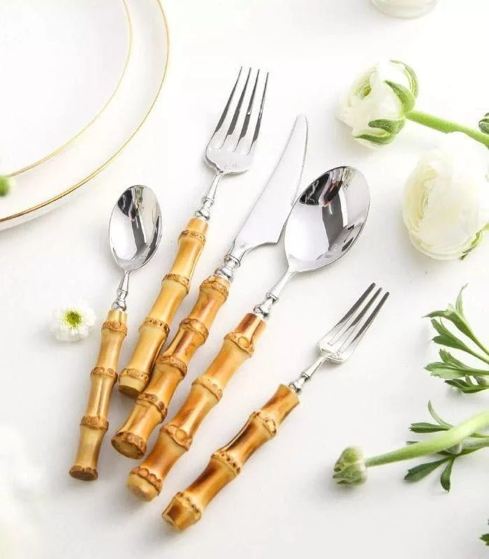 20 Pcs Cutlery Set Natural Bamboo Handle Stainless Steel Flatware -  - #tag1#