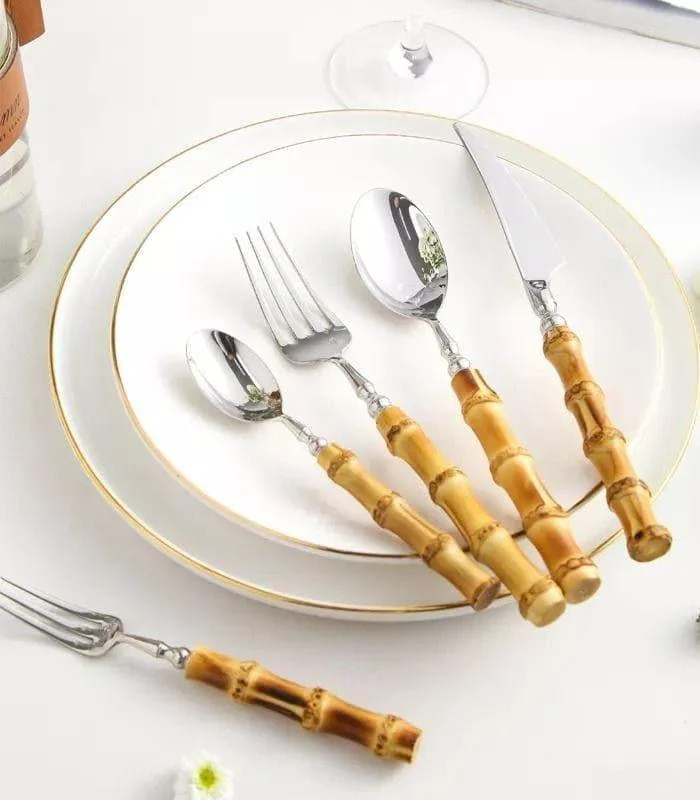 20 Pcs Cutlery Set Natural Bamboo Handle Stainless Steel Flatware -  - #tag1#