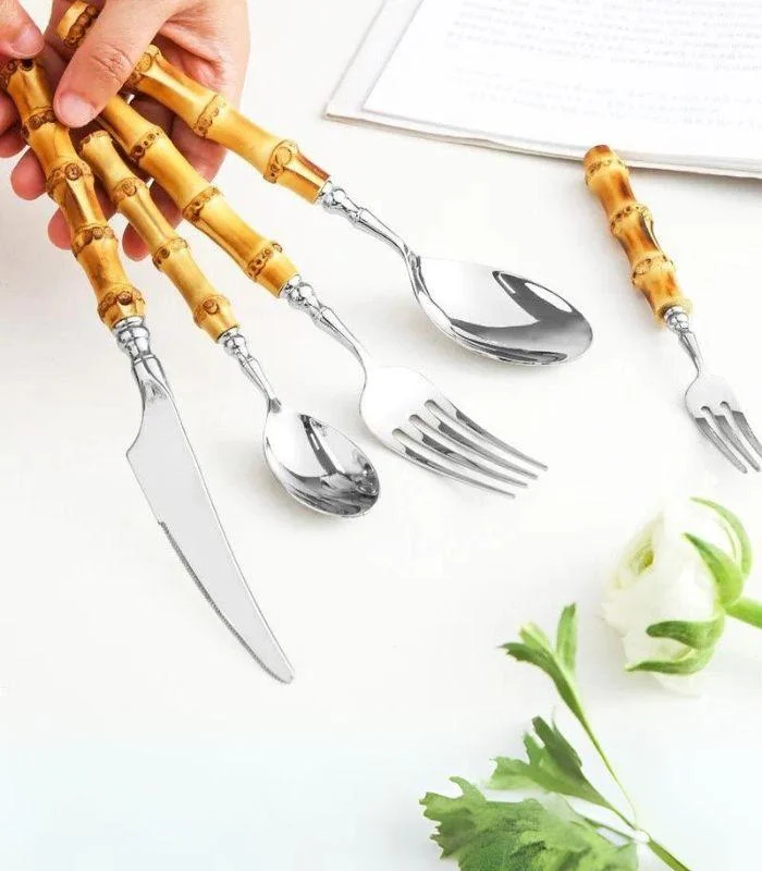 20 Pcs Cutlery Set Natural Bamboo Handle Stainless Steel Flatware -  - #tag1#