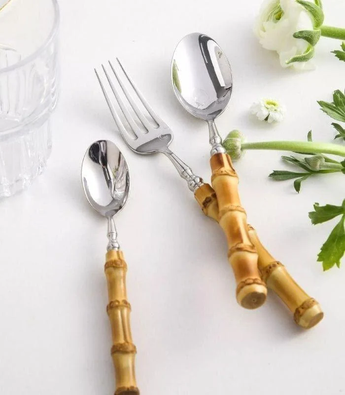 20 Pcs Cutlery Set Natural Bamboo Handle Stainless Steel Flatware -  - #tag1#