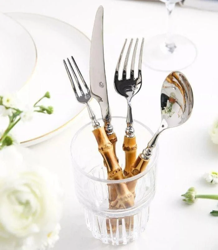20 Pcs Cutlery Set Natural Bamboo Handle Stainless Steel Flatware -  - #tag1#