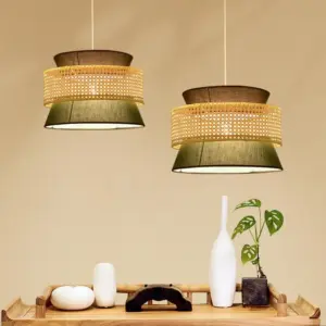 Tiered Rattan Pendant Light Simple Single Black / Green Hanging Fixture