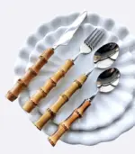 24 Pc Natural Bamboo Handle Cutlery Set Stainless Steel Flatware tag1