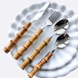 24 Pc Natural Bamboo Handle Cutlery Set Stainless Steel Flatware -  - #tag1#