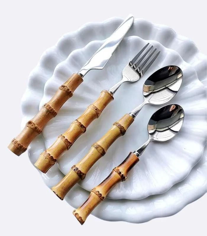 24 Pc Natural Bamboo Handle Cutlery Set Stainless Steel Flatware -  - #tag1#