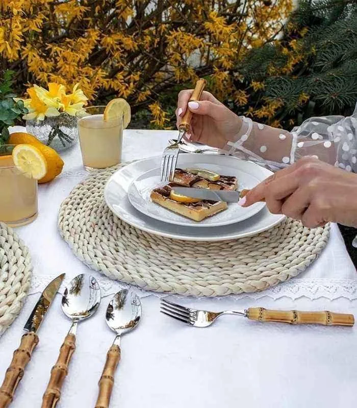 24 Pc Natural Bamboo Handle Cutlery Set Stainless Steel Flatware -  - #tag1#