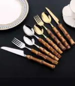 24 Pc Natural Bamboo Handle Cutlery Set Stainless Steel Flatware tag1