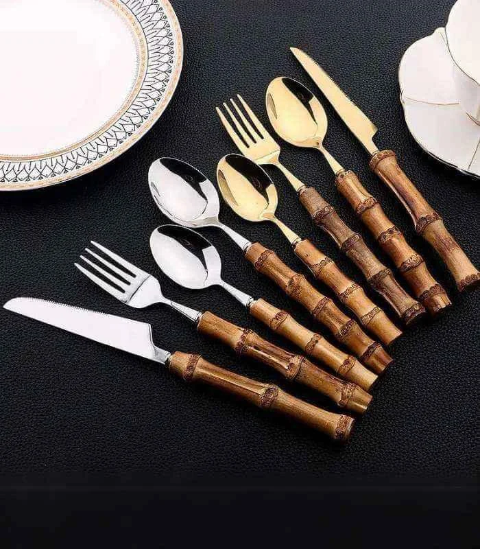 24 Pc Natural Bamboo Handle Cutlery Set Stainless Steel Flatware -  - #tag1#