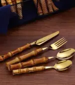 24 Pc Natural Bamboo Handle Cutlery Set Stainless Steel Flatware tag1
