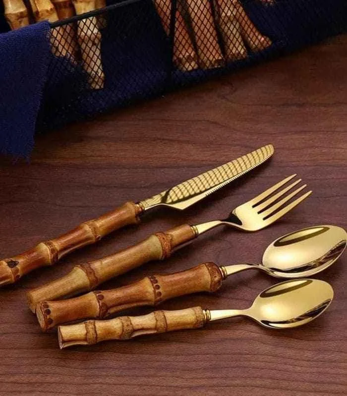 24 Pc Natural Bamboo Handle Cutlery Set Stainless Steel Flatware -  - #tag1#