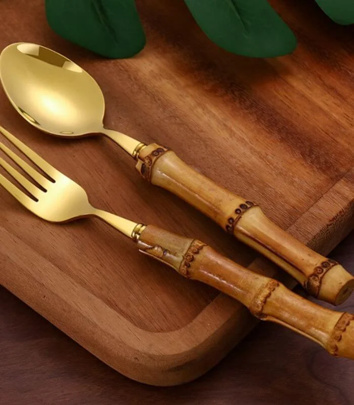 24 Pc Natural Bamboo Handle Cutlery Set Stainless Steel Flatware -  - #tag1#