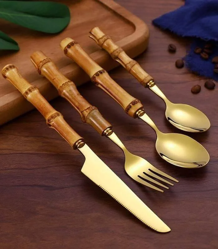 24 Pc Natural Bamboo Handle Cutlery Set Stainless Steel Flatware -  - #tag1#
