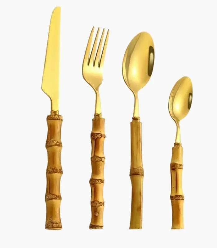 24 Pc Natural Bamboo Handle Cutlery Set Stainless Steel Flatware -  - #tag1#