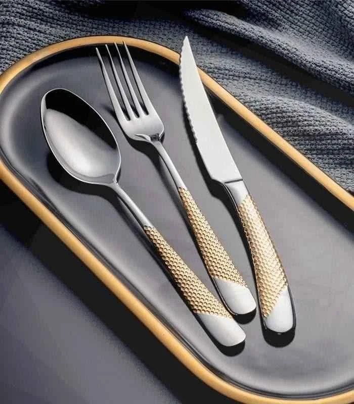 24 Pc Premium Cutlery Set Stainless Steel Mirror-Polished Silver Gold -  - #tag1#