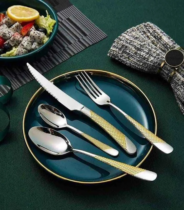 24 Pc Premium Cutlery Set Stainless Steel Mirror-Polished Silver Gold -  - #tag1#