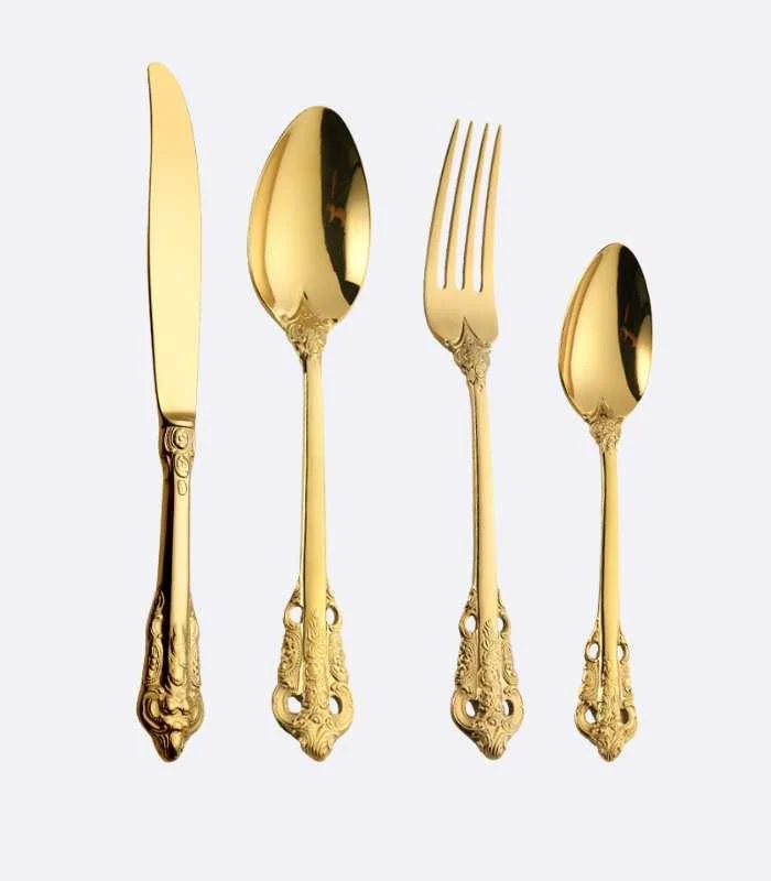 24 Pcs Flatware Vintage Cutlery Set Gold for 6 People 18/10 Stainless Steel -  - #tag1#