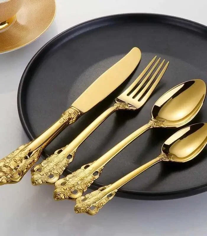 24 Pcs Flatware Vintage Cutlery Set Gold for 6 People 18/10 Stainless Steel -  - #tag1#