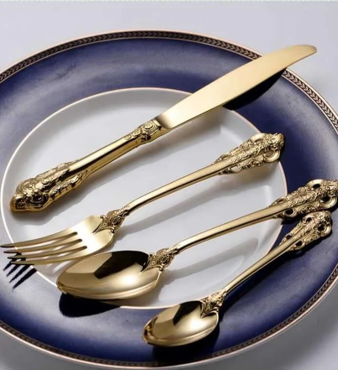 24 Pcs Flatware Vintage Cutlery Set Gold for 6 People 18/10 Stainless Steel -  - #tag1#