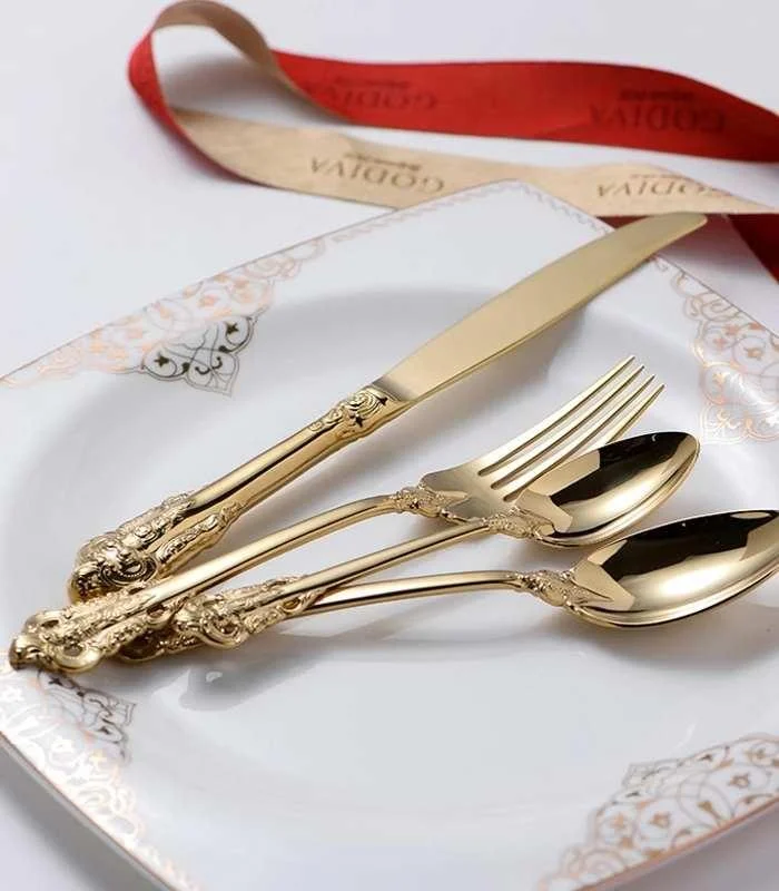 24 Pcs Flatware Vintage Cutlery Set Gold for 6 People 18/10 Stainless Steel -  - #tag1#