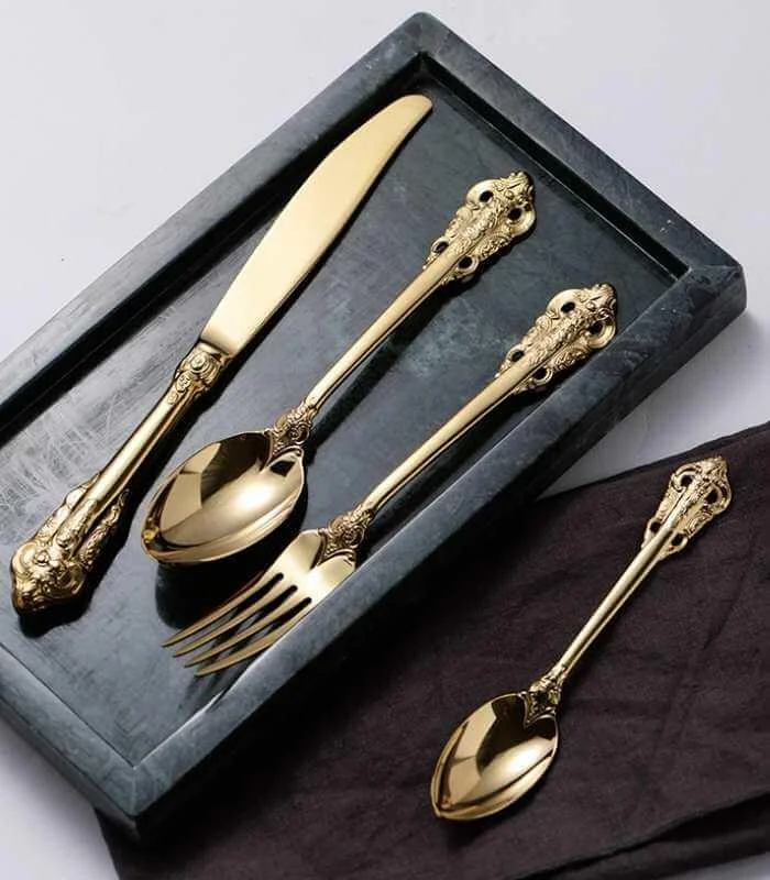 24 Pcs Flatware Vintage Cutlery Set Gold for 6 People 18/10 Stainless Steel -  - #tag1#