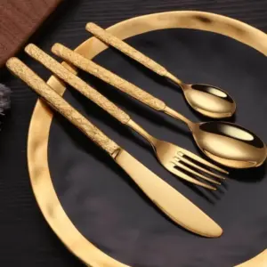 24 pc Cutlery Set Premium Stainless Steel Hummered Handle Gold -  - #tag1#