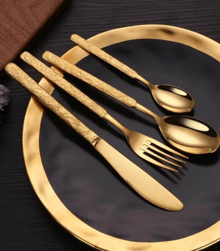 24 pc Cutlery Set Premium Stainless Steel Hummered Handle Gold -  - #tag1#