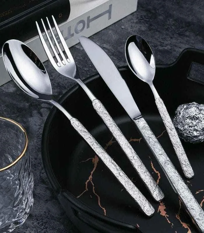24 pc Cutlery Set Premium Stainless Steel Hummered Handle Gold -  - #tag1#